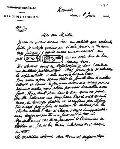 Letter from G. Legrain to G. Maspero, June, 2. 1904. Institut de France, Ms 4027, f° 351