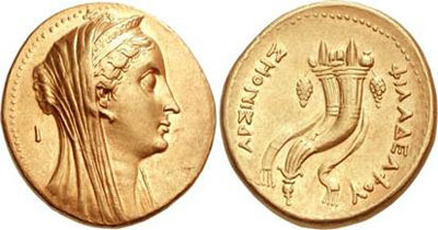 Mnaeion en or à l’effigie d’Arsinoé, une des «nouvelles» monnaies du papyrus de Zénon.
